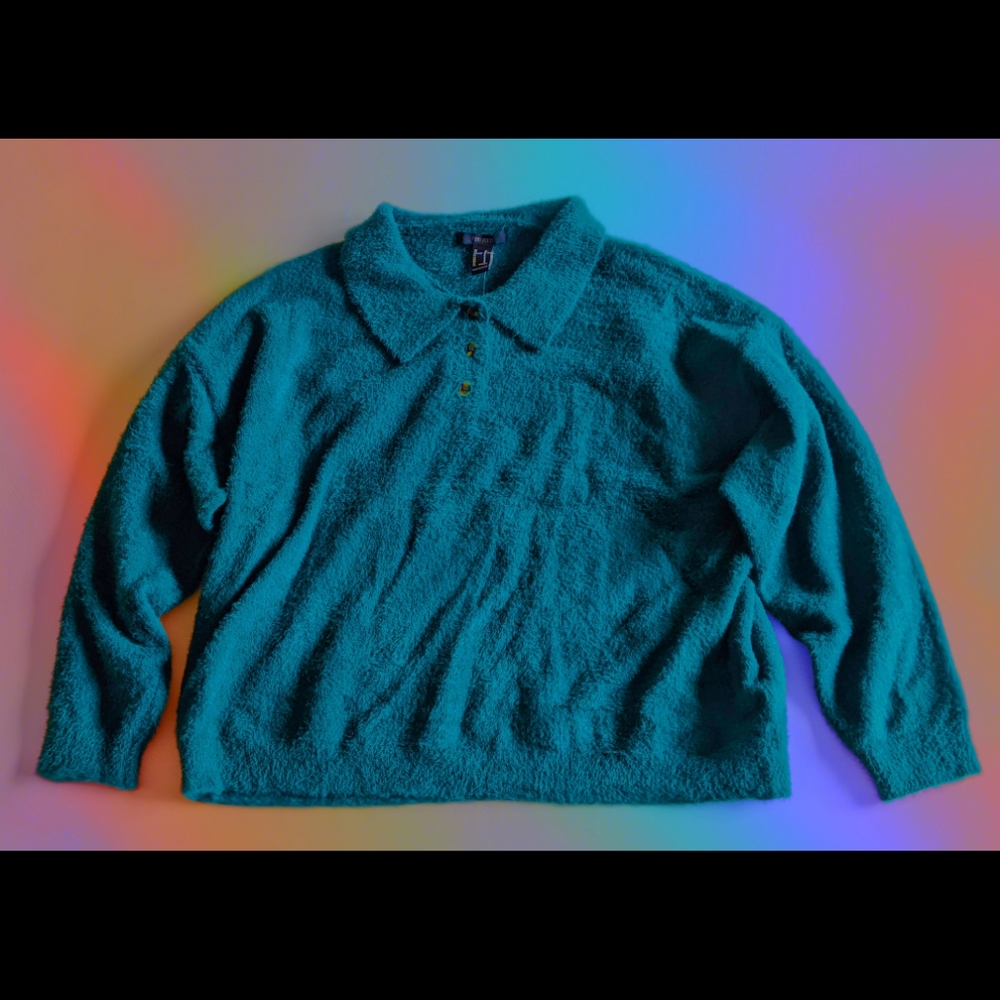 Fuzzy Teal Long Sleeve Polo Sweater FOREVER 21